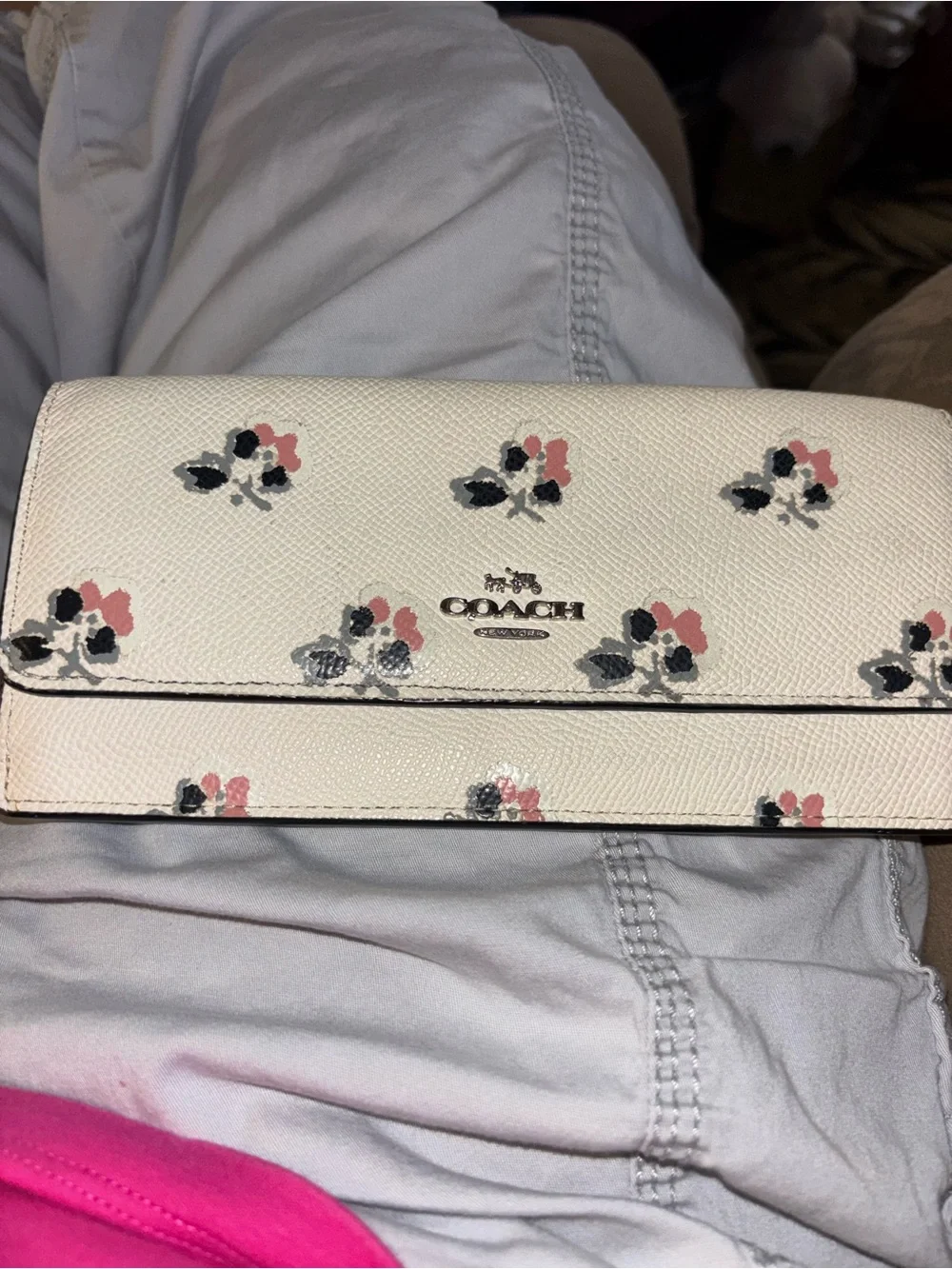 Coach Cream Floral Leather Wallet with Pink and Black Accents